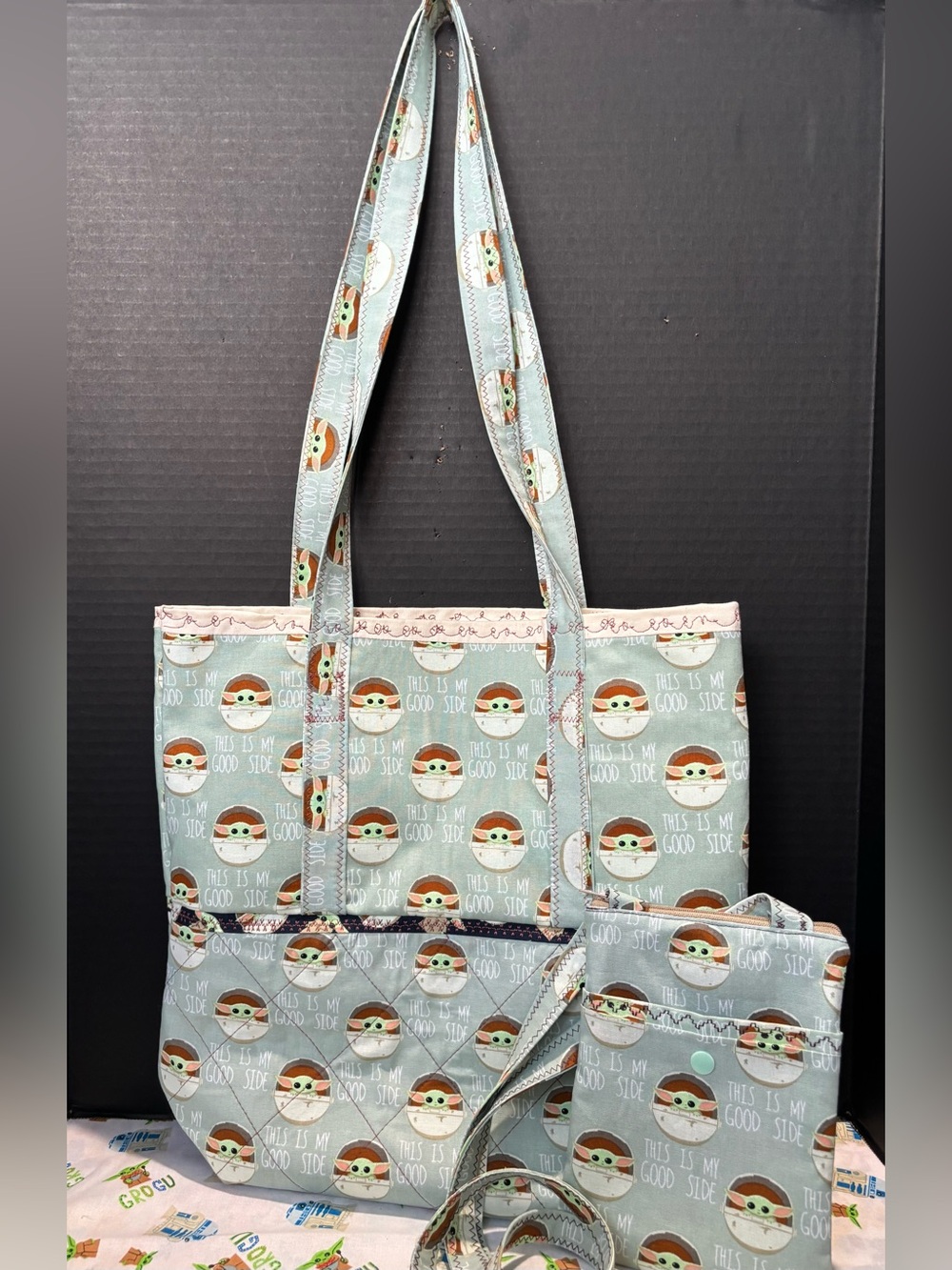 MANDALORIN GROGU STAR WARS THIS IS MY GOOD SIDE QUILTED TOTE BAG & PHONE POUCH